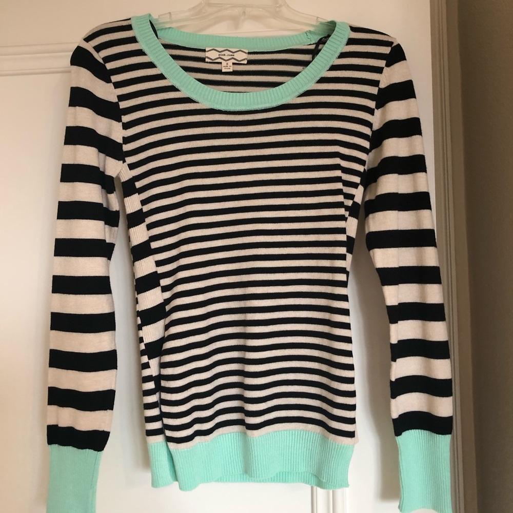 NWOT Black white striped sweater turquoise trim